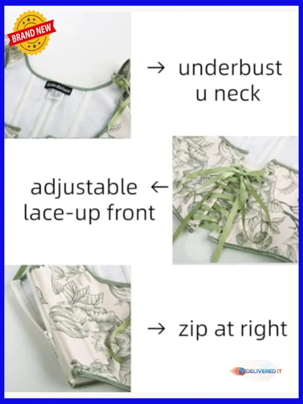 Underbust Corset Top with Zipper, Plastic Bones, Lace-up, Adjustable Shoulders - Picture 2 of 7